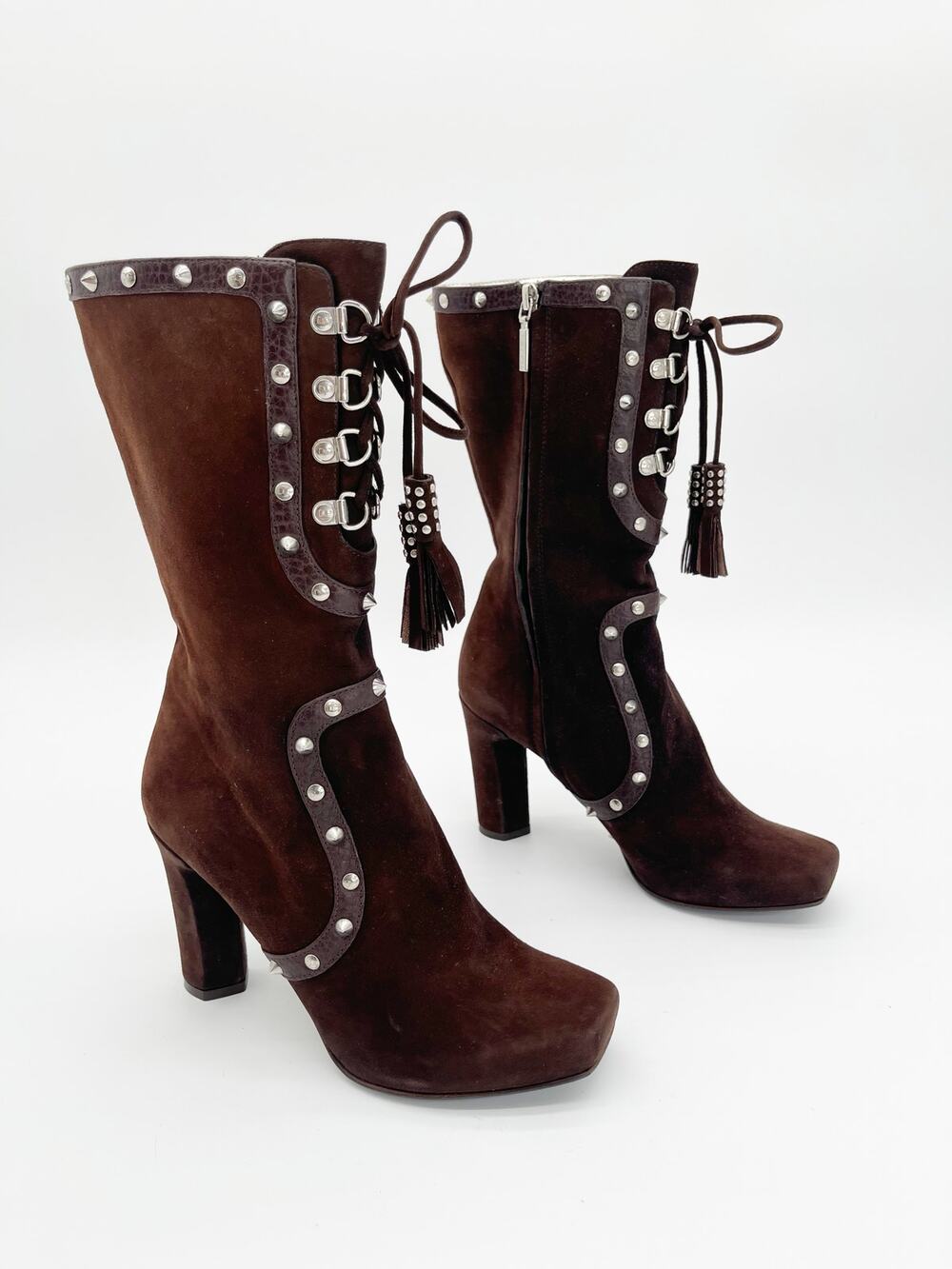 Dolce & Gabbana Brown Suede Studded Tassel Lace Up Mid Calf Heeled Boots IT 38.5